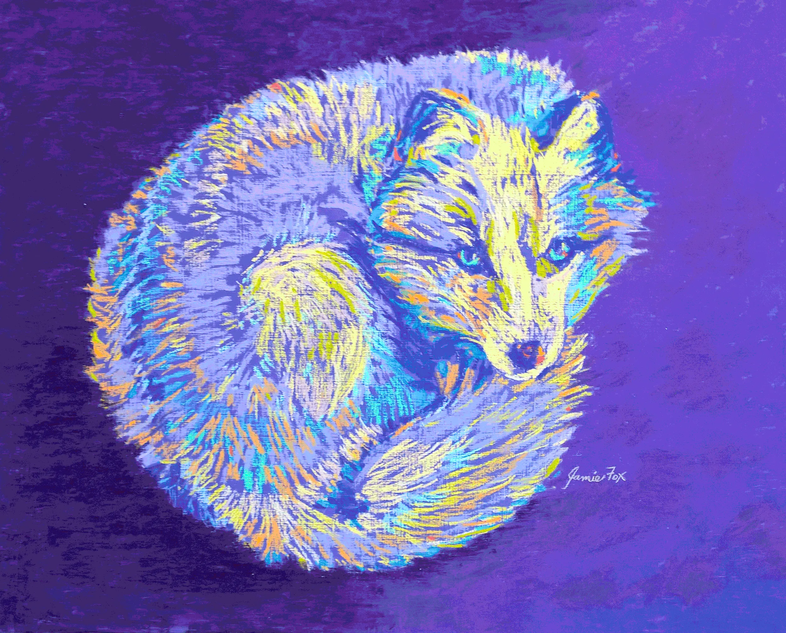 A fox with a sly look in its eye, lies upon a purple background.