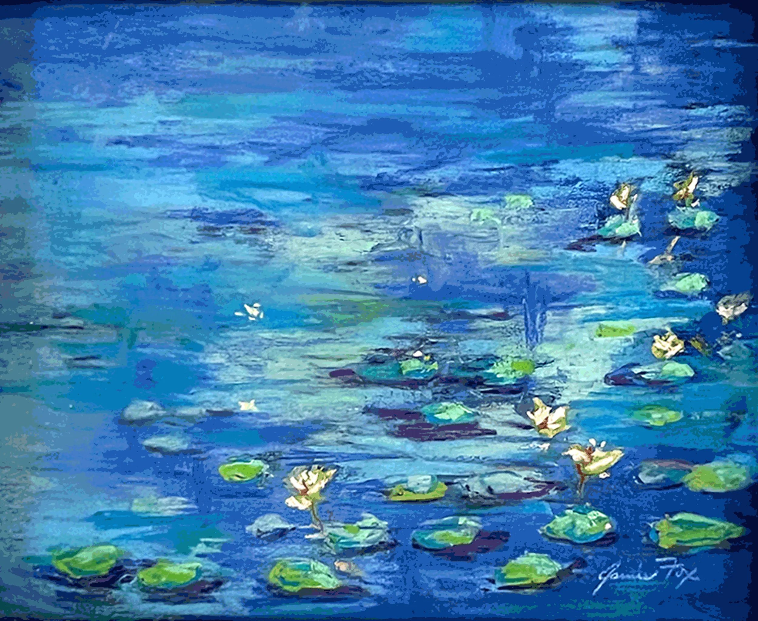 Lily pads rest upon blue water.