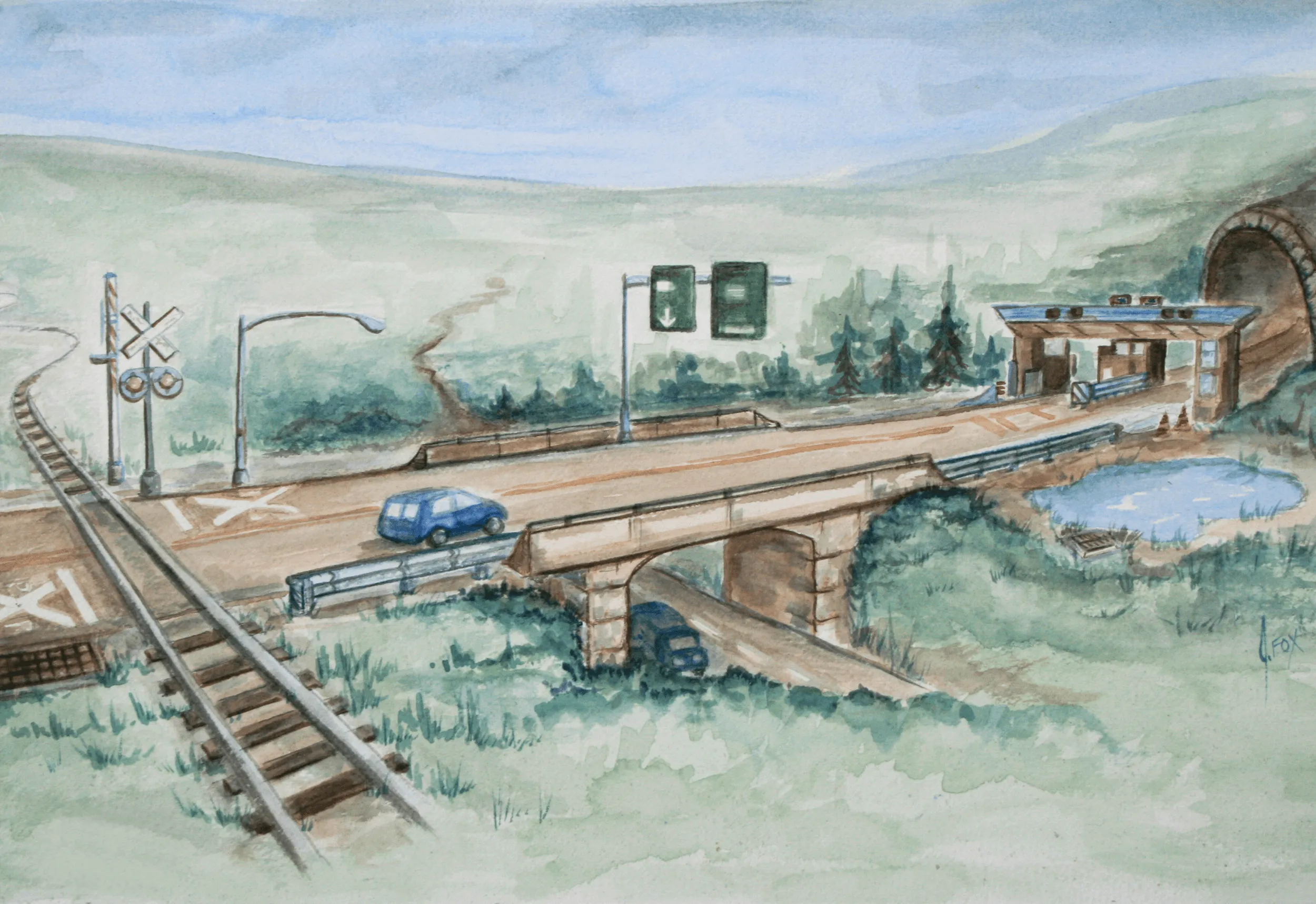 Watercolor illustration with road, rail,and traffic elements.