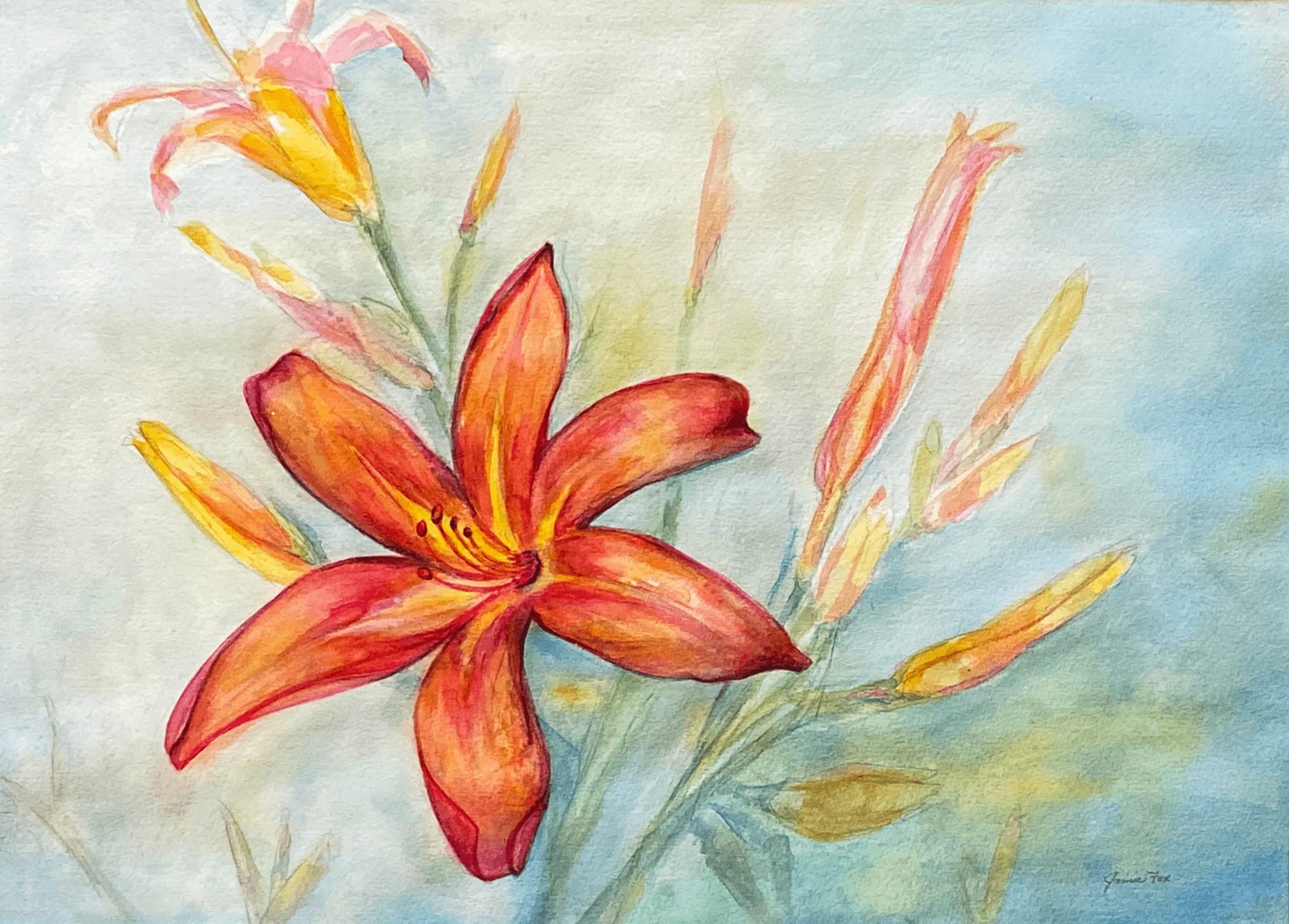 Red and orange lilies dance beneath the pale blue sky.