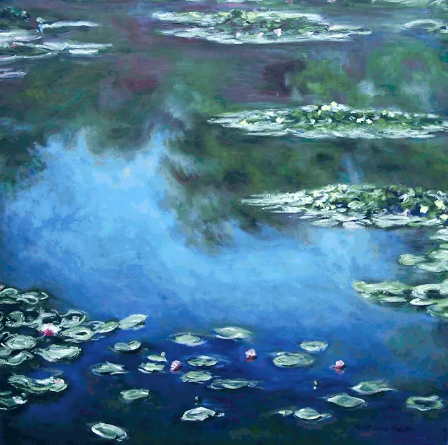 Reproduction of Monet’s Water Lilies in blue.