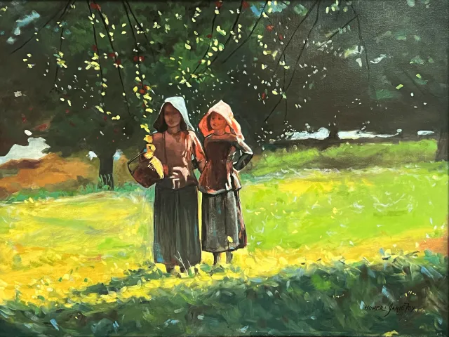 Oil painting reproduction of two girls carrying a basket of apples.