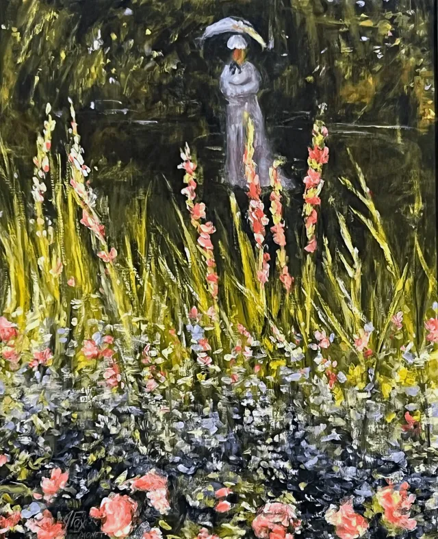 Oil painting reproduction of Claude Monet’s “Camille in the Garden” with pink gladiolas.