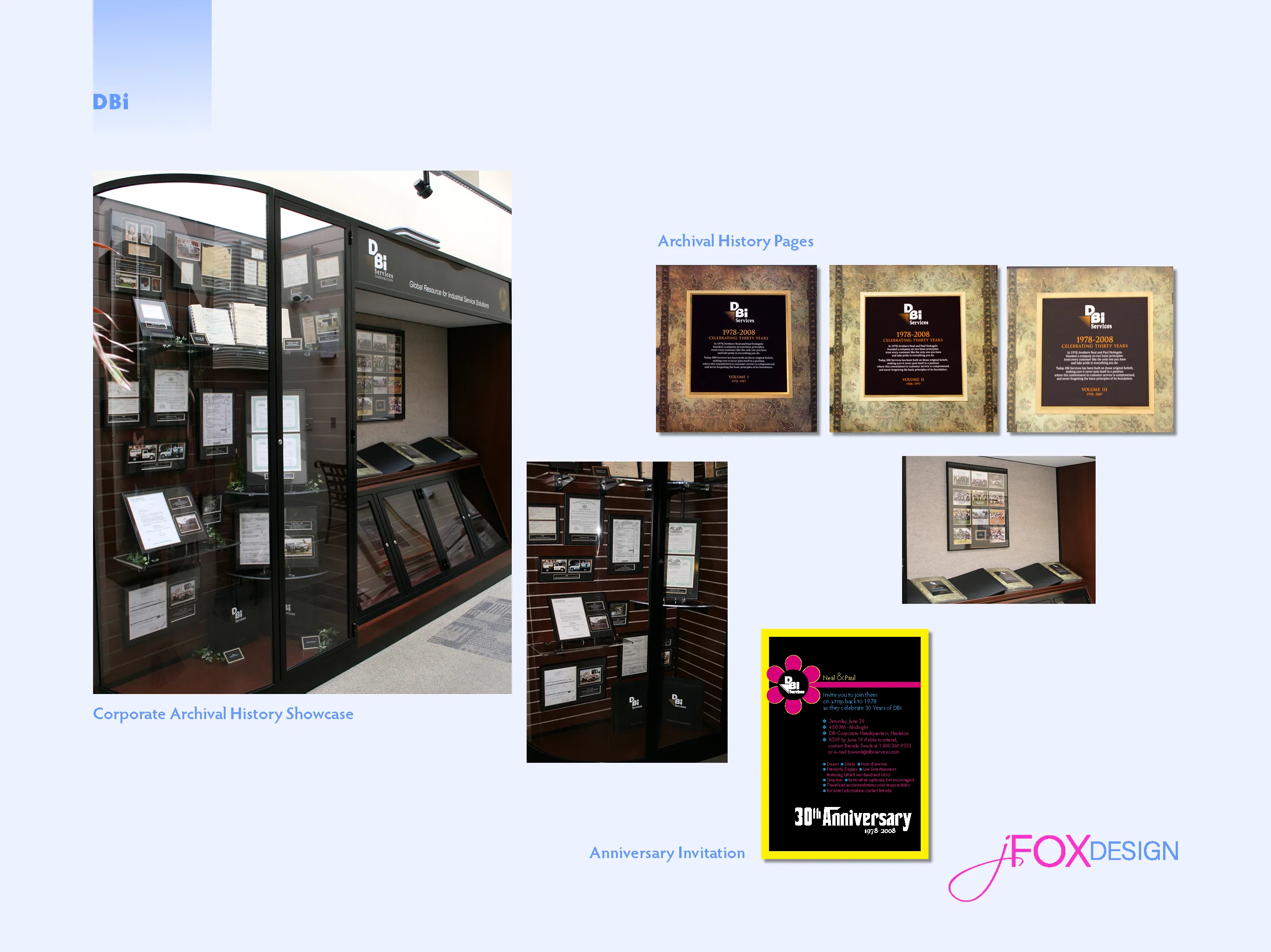 Corporate archival scrapbook, invitation design, mat cutting, framing, installation of archives in showcase for Dbi.