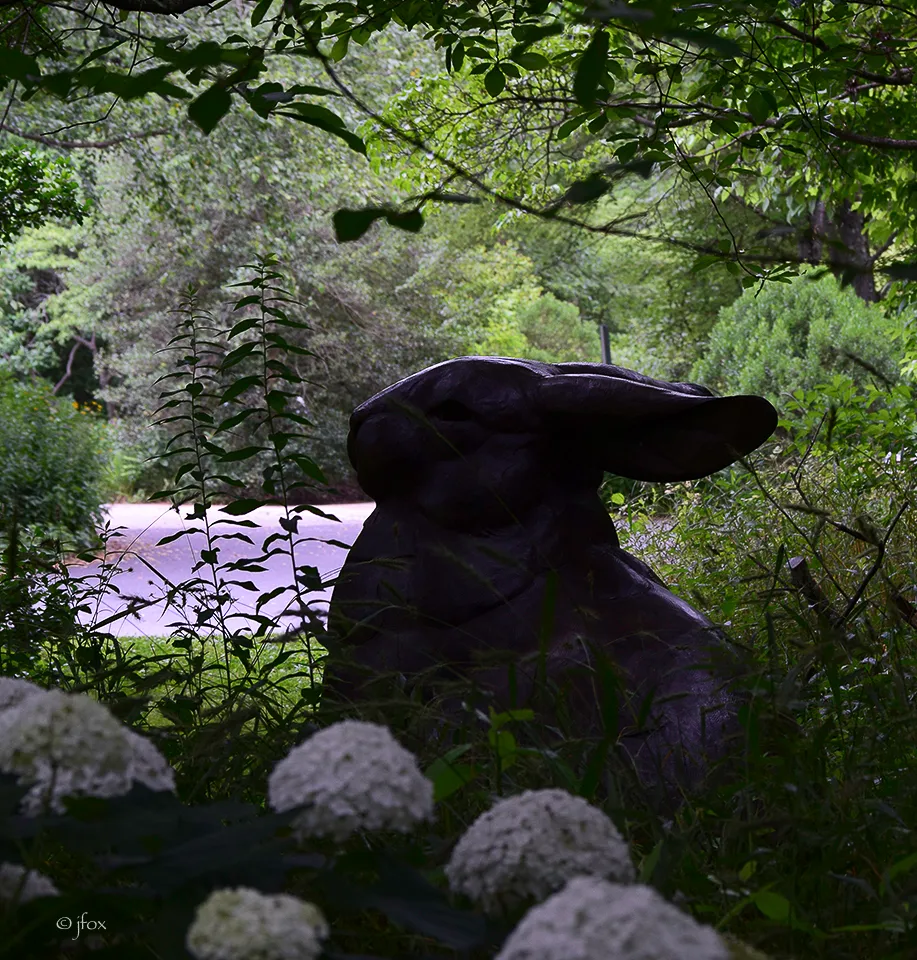 Dan Ostermiller’s bronze sculpture of giant bunny looks like chocolate in the shadows of the woods.